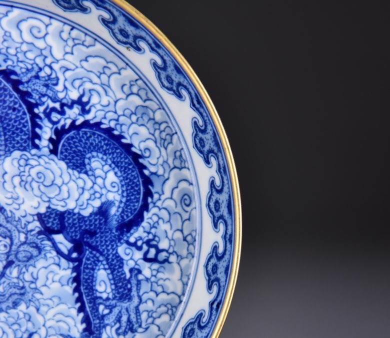 6.6''YongZheng Marked Blue white Porcelain dragon loong beast Tray Dish Plate