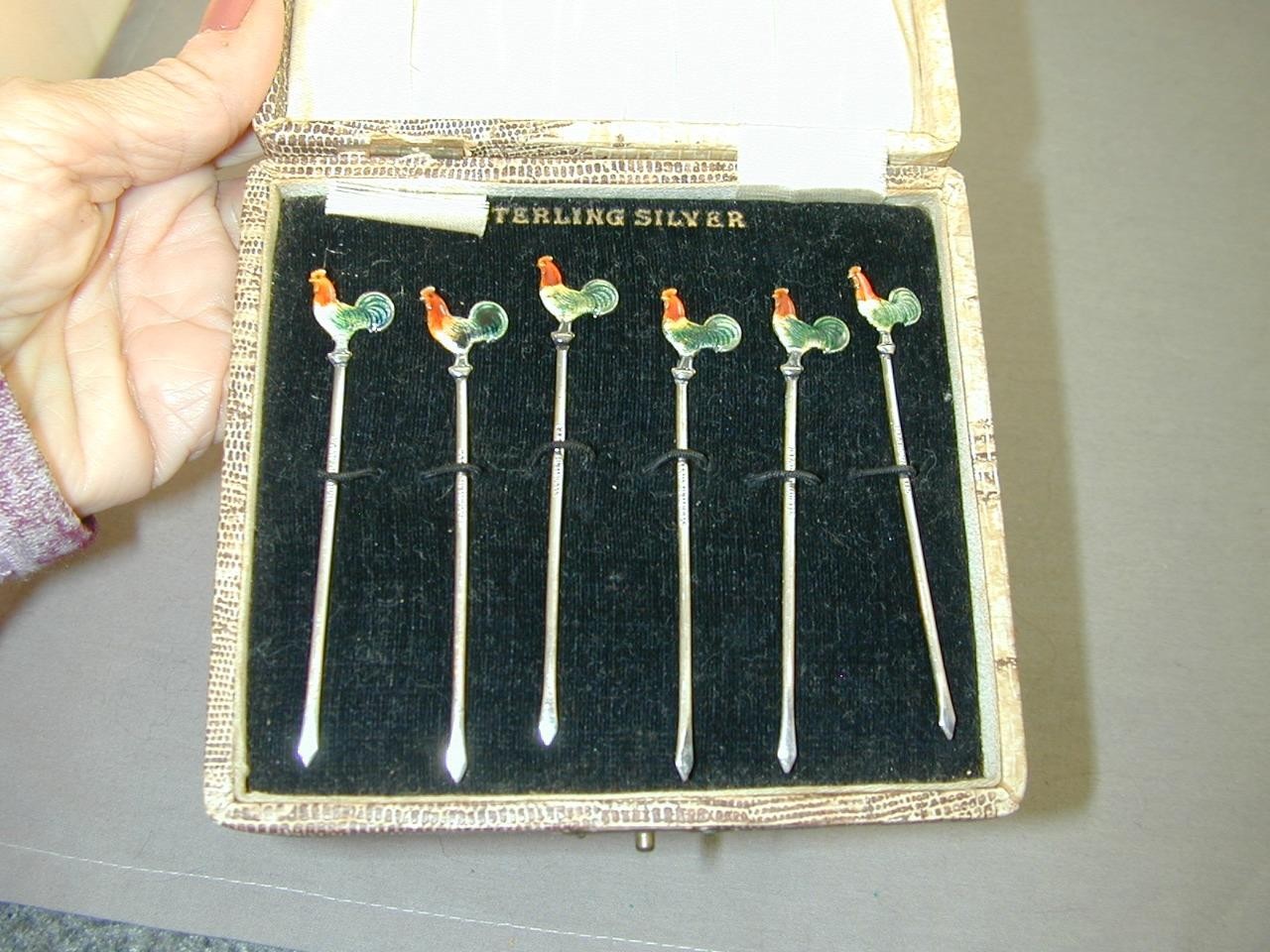 Art Deco Sterling Guilloche Enamel Rooster Cocktail Picks Original Box