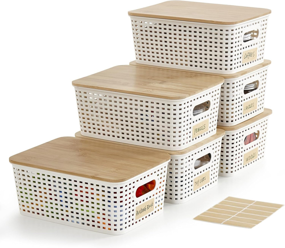 Small Plastic Storage Bins with Bamboo Lids 5.2Qt Stackable Box Basket Pantry De
