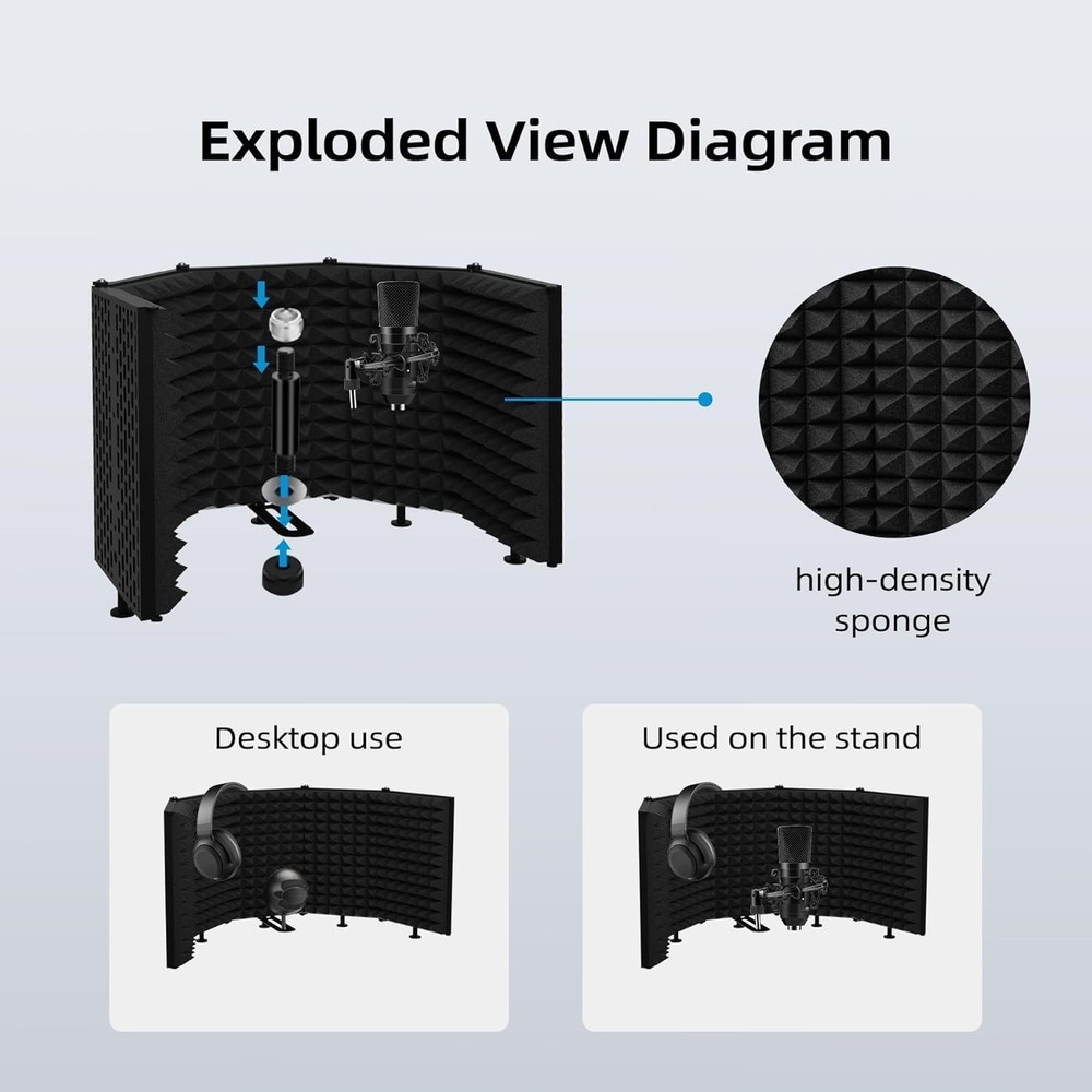 5-Panel Foldable Microphone Isolation Shield – Portable Soundproof Vocal Boot...