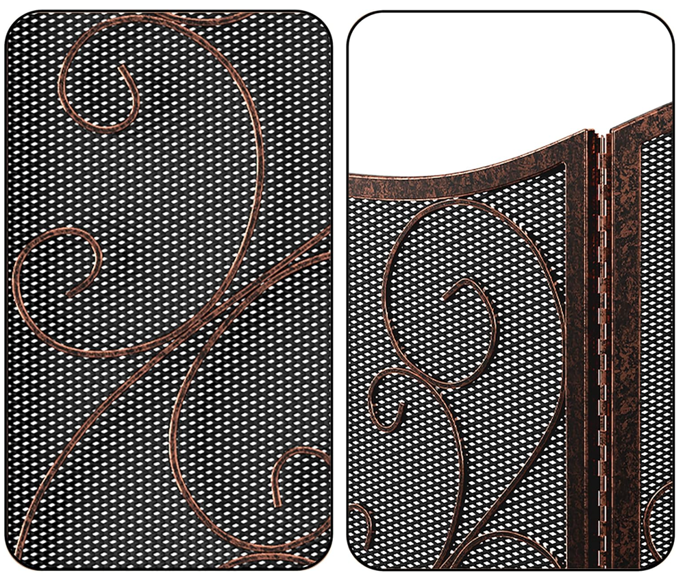 3 Panel Iron Fireplace Mesh Screen Traditional Scroll Metal Brushed Copper Guard