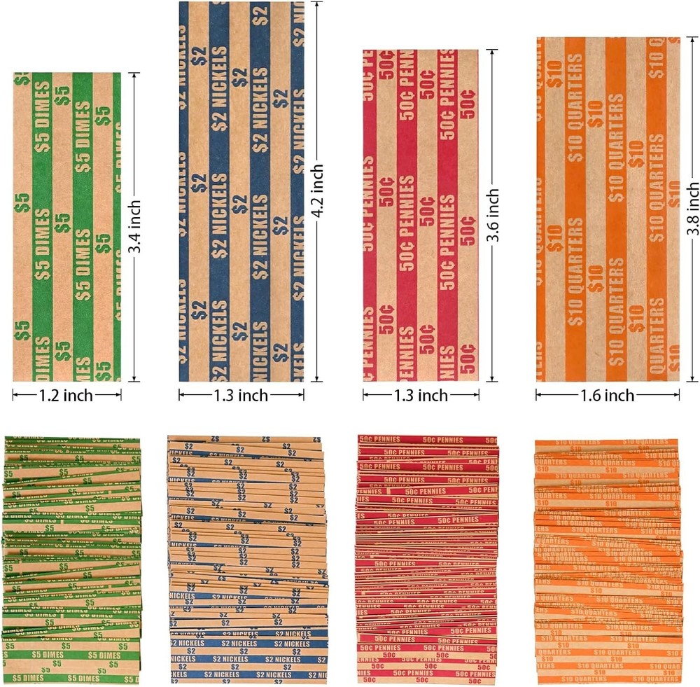 100 pcs Assorted Packed Flat Stripped Coin Wrappers, Coin Rolls Wrapper for Q...