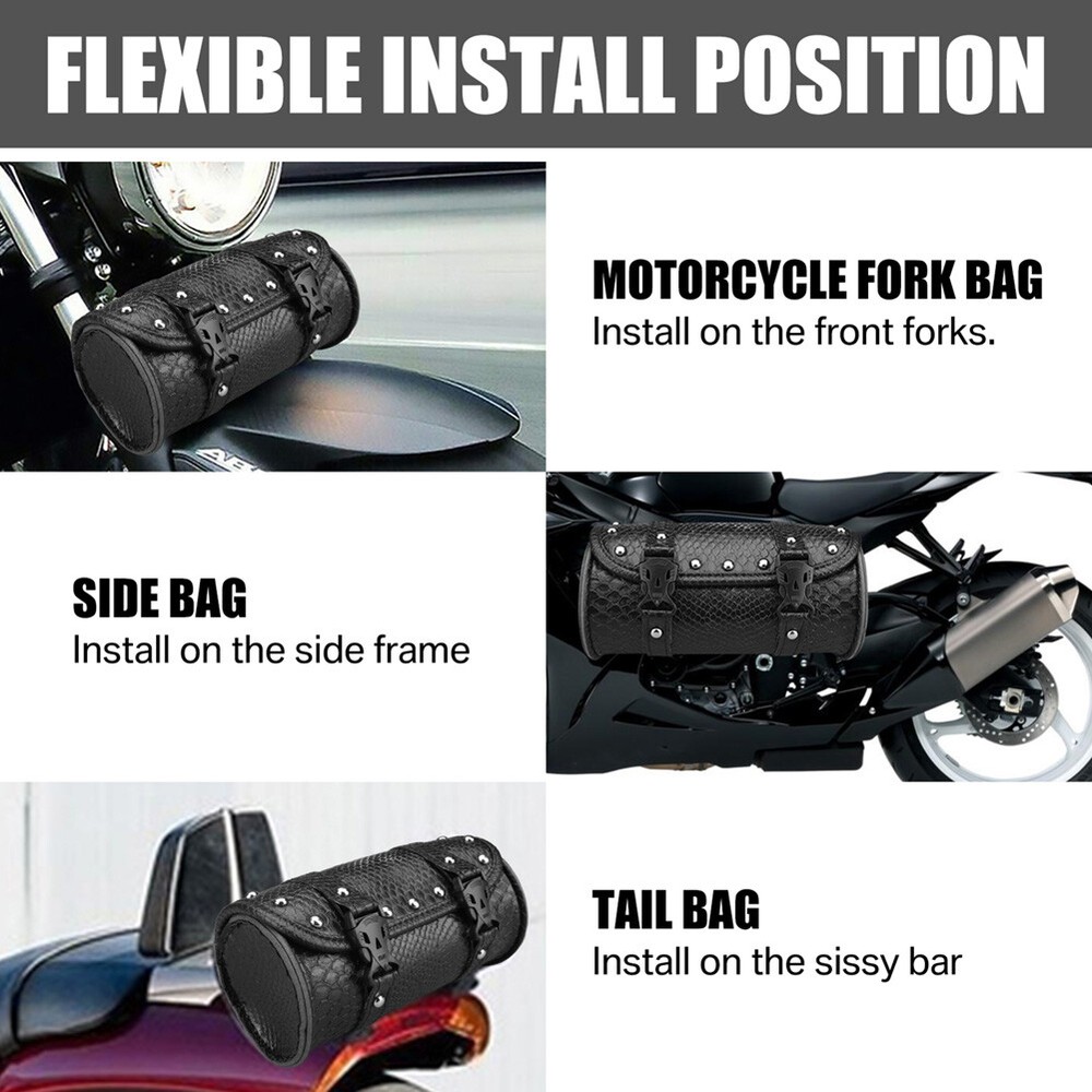 Motorcycle Front Fork Tool Roll Bag PU Leather Saddlebag Handlebar Storage Pouch