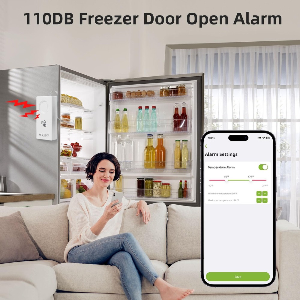 MOCREO Refrigerator Freezer Thermometer with 110DB Loud Beep, Bluetooth Temperat