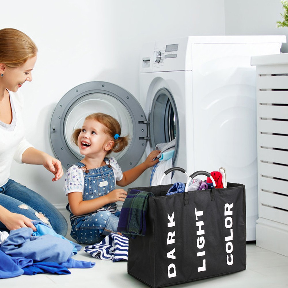 ⁺Collapsable 3-section Laundry Bag Foldable Laundry Hamper Durable Oxford Fabric
