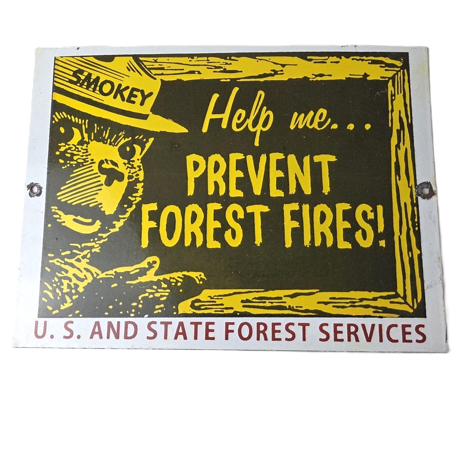 Vintage USA Forest Service Sign - Smokey the Bear Hiking Gas Porcelain Sign