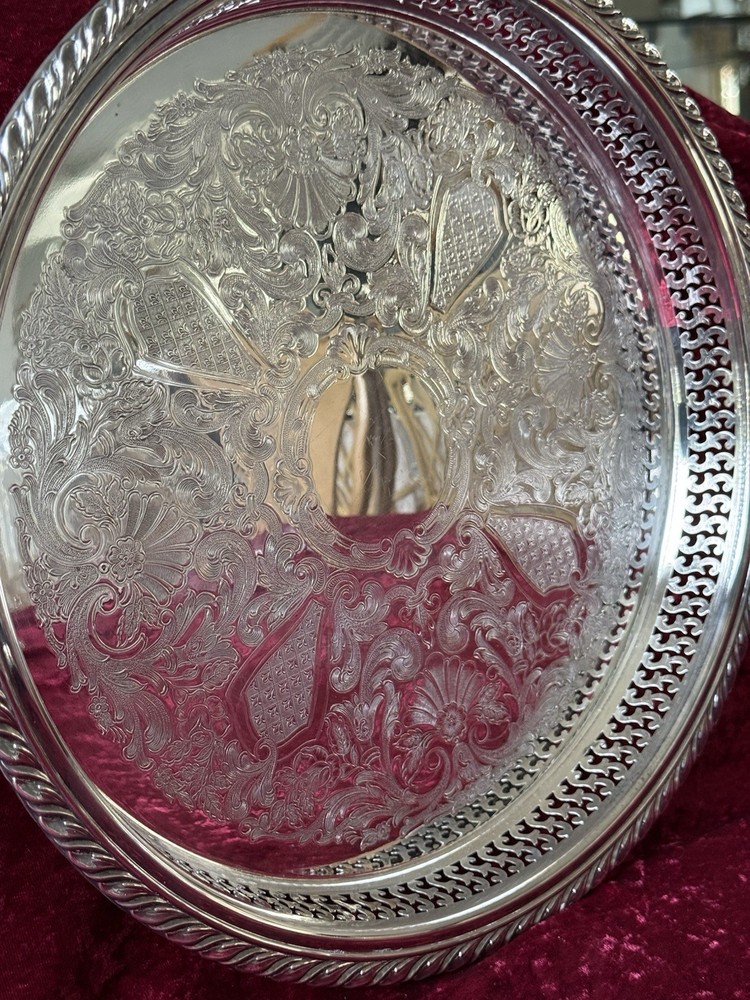 VTG Silver-plate 13” Tray Oneida USA with Scroll Etching Raised Rim Pierced.