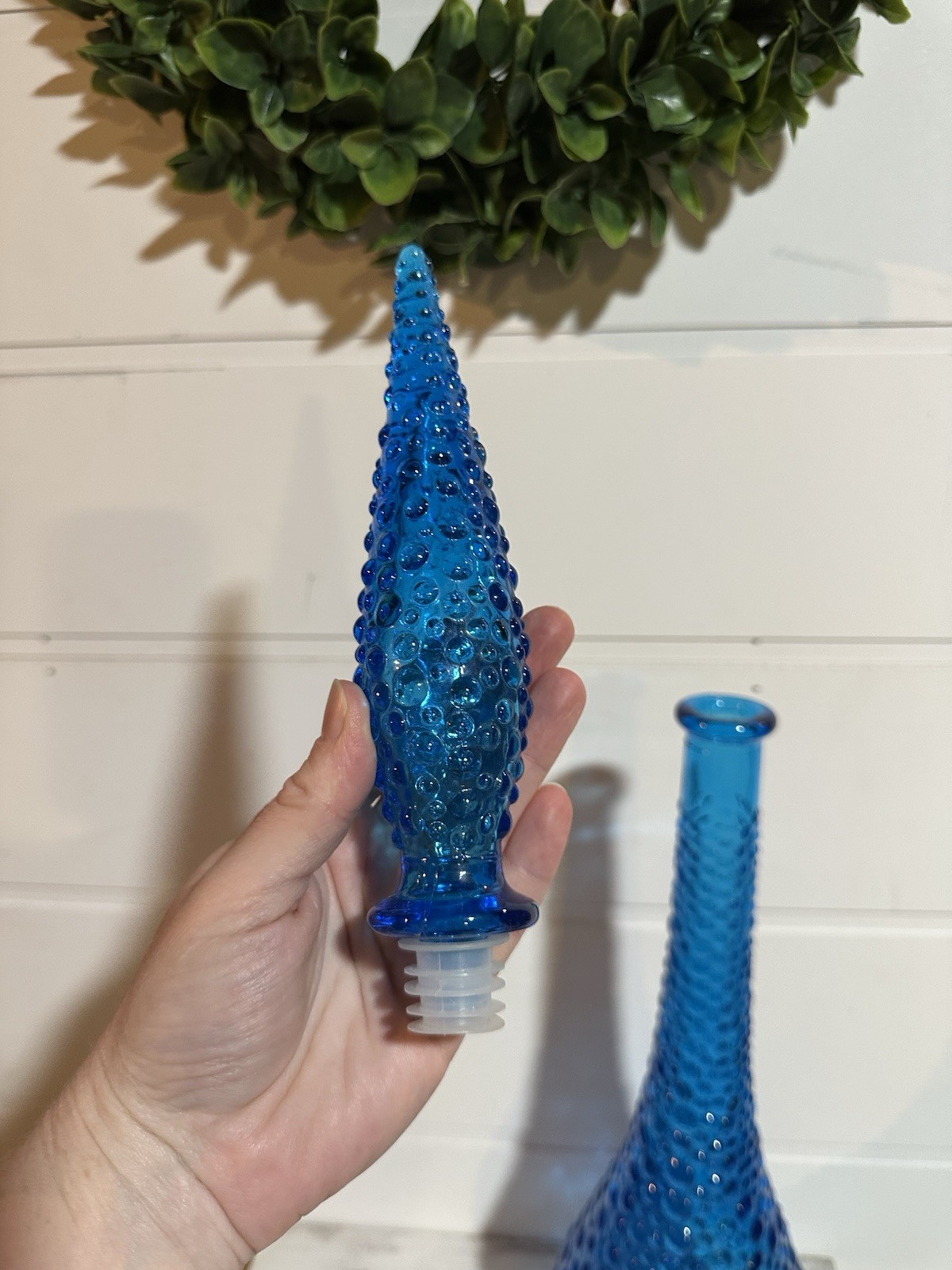 Vtg Blue Hobnail Glass Decanter Genie Bottle 22.75” W/ Stopper Empoli MCM Italy