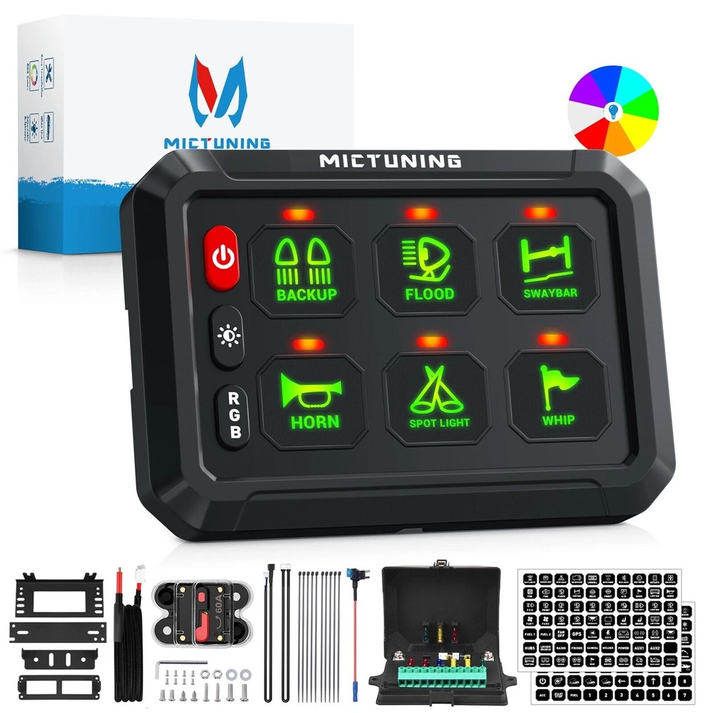 MICTUNING 6 Gang RGB Switch Panel LED 12/24V Toggle Momentary Strobe Relay Box