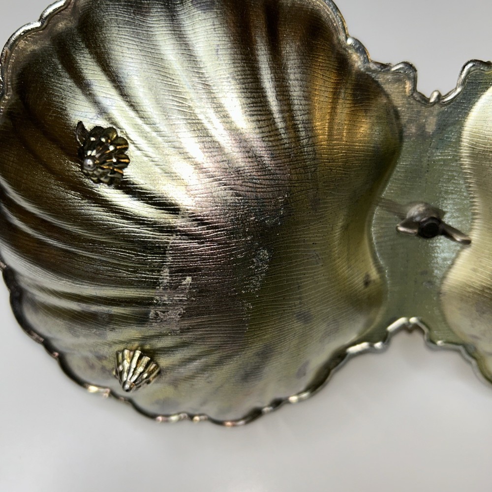 Vintage Silvertone Double Clamshell Serving dish Unpolished FLAWED, Damaged