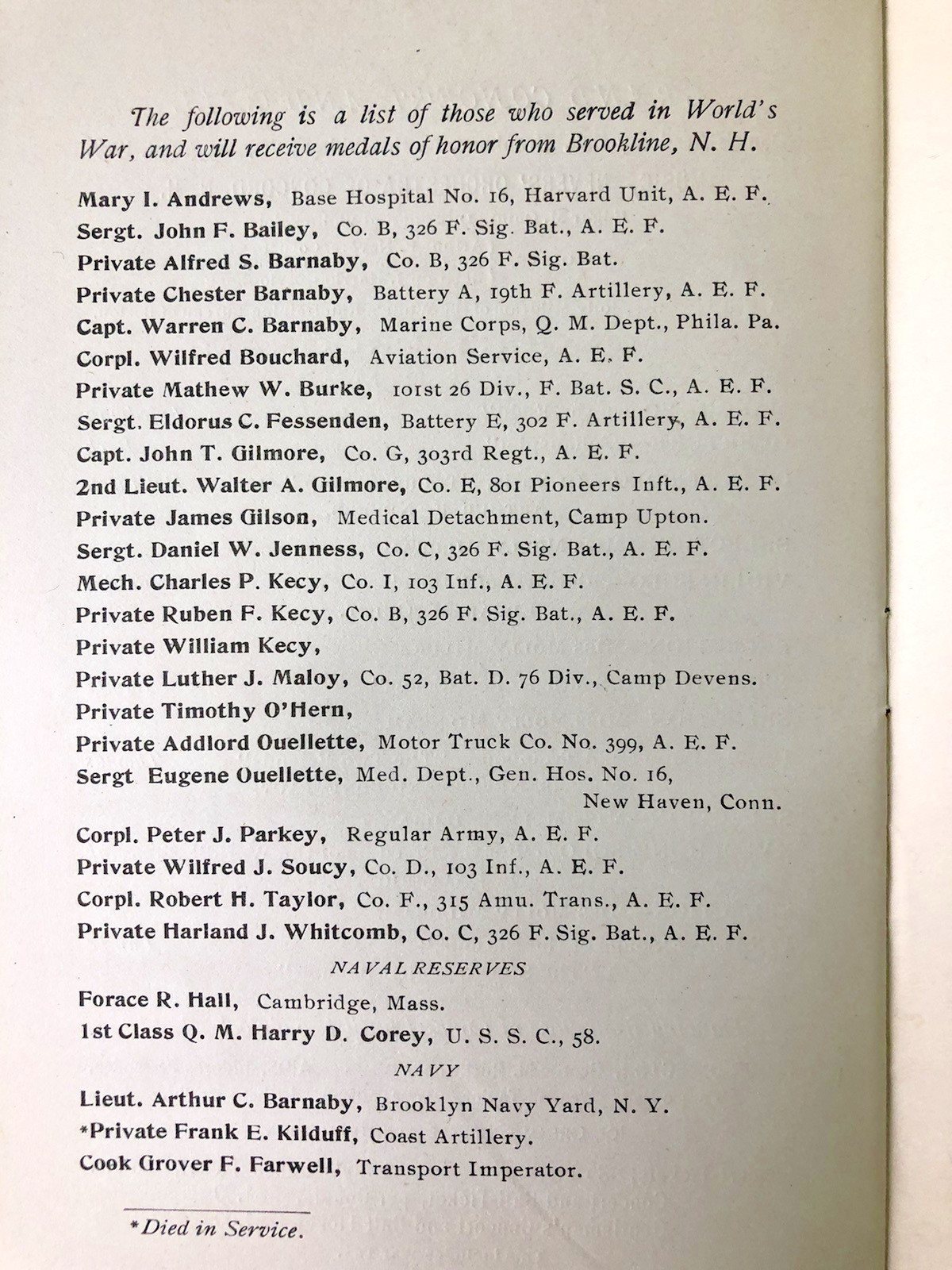 BROOKLINE N. H. 1919 WELCOME HOME SOLDIERS WWI American Expeditionary Forces