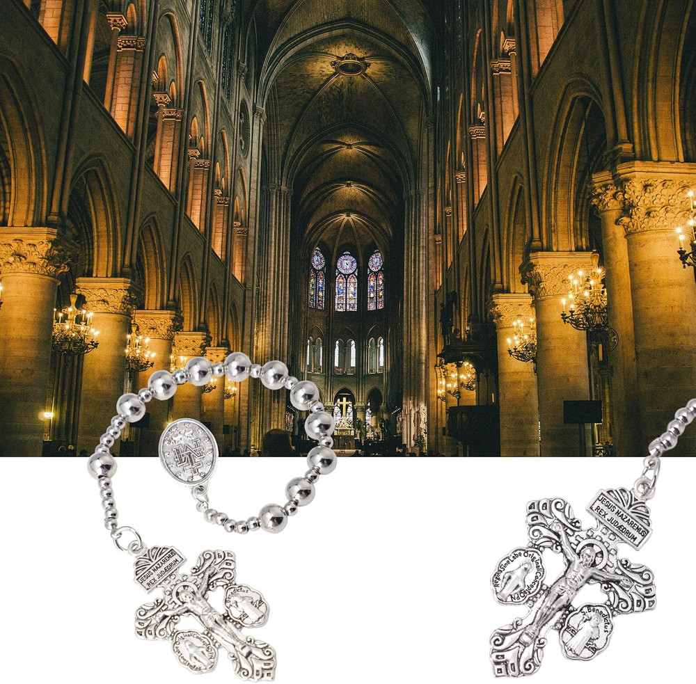 One Decade Pocket Rosary,Silver Small Rugged Rosary Beads for Men Catholic Gift,