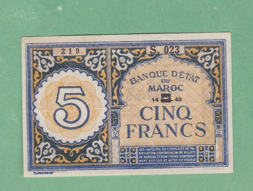 Morocco  5  Franc  Note   14-9-43   P-33  EXTRA FINE