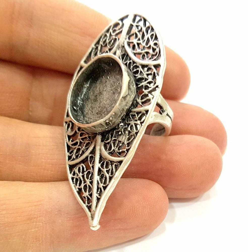 Leaf Adjustable Ring Round Blank Antique Silver Plated Brass G6718