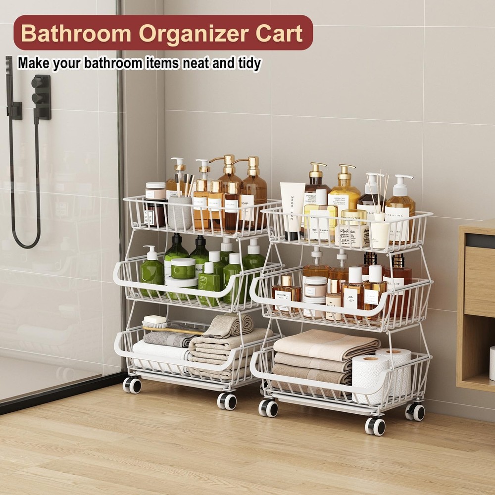 3Tier Rolling Pantry Cart w/Wheels Stackable Wire Storage Organizer White