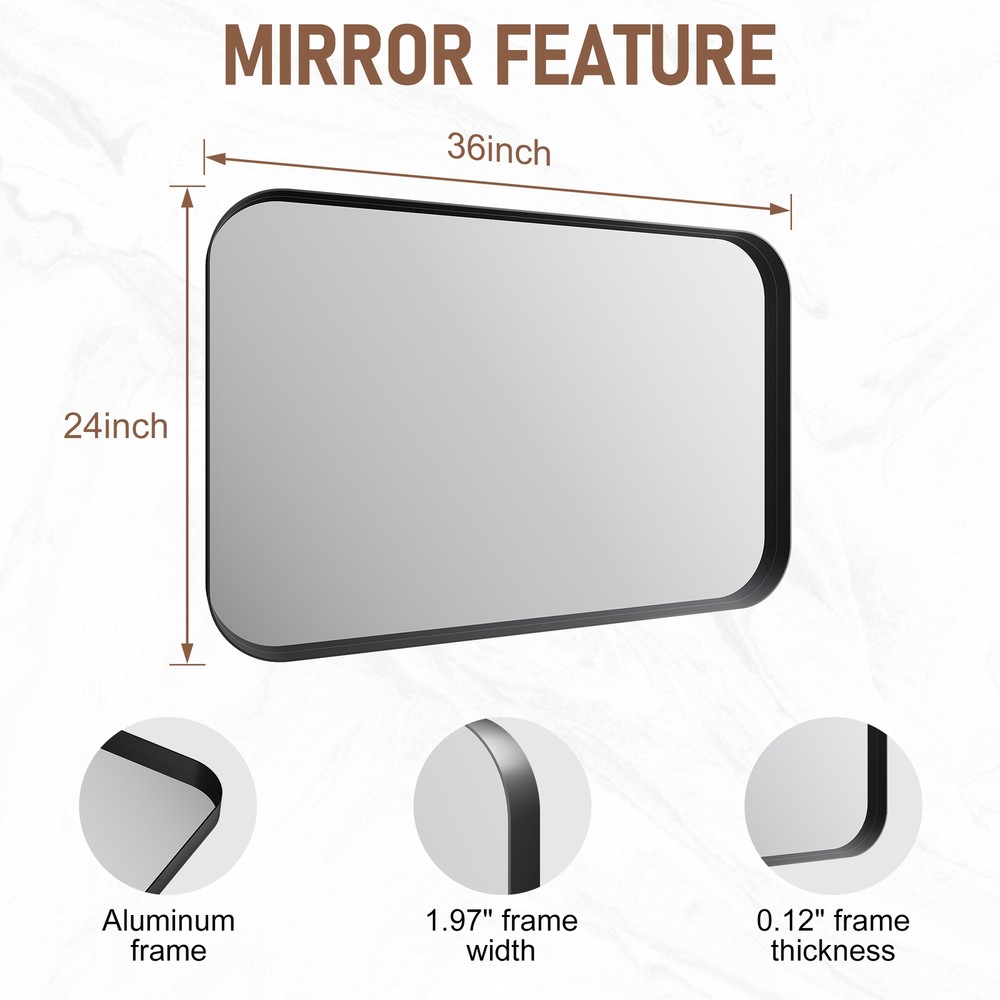 36" x 24" Bathroom Wall Mirror Rounded Corner Rectangle Vanity Mirror Black