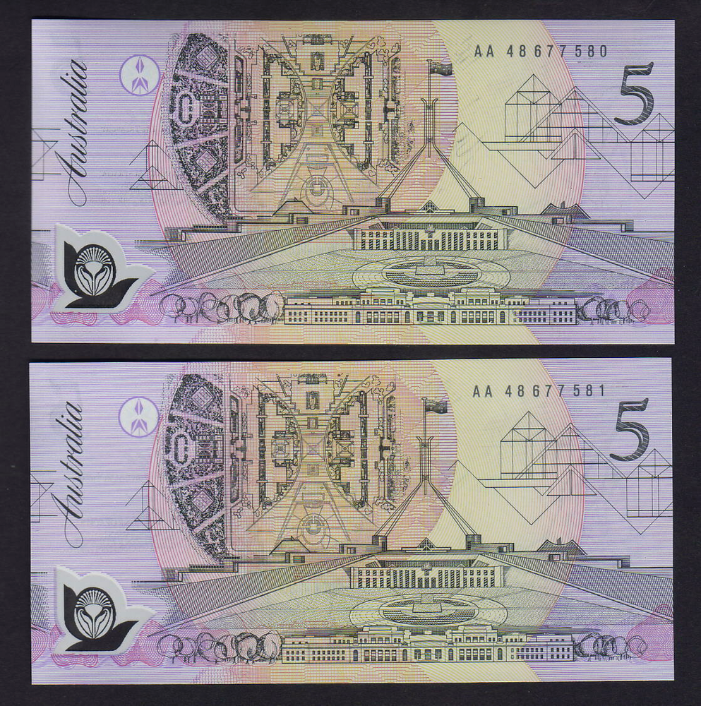 R-214. (1992) Fraser/Cole.. 5 Dollars.. Prefix AA 48.. UNC - CONSECUTIVE Pair