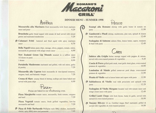 Romano's Macaroni Grill Dinner Menu Summer 1998