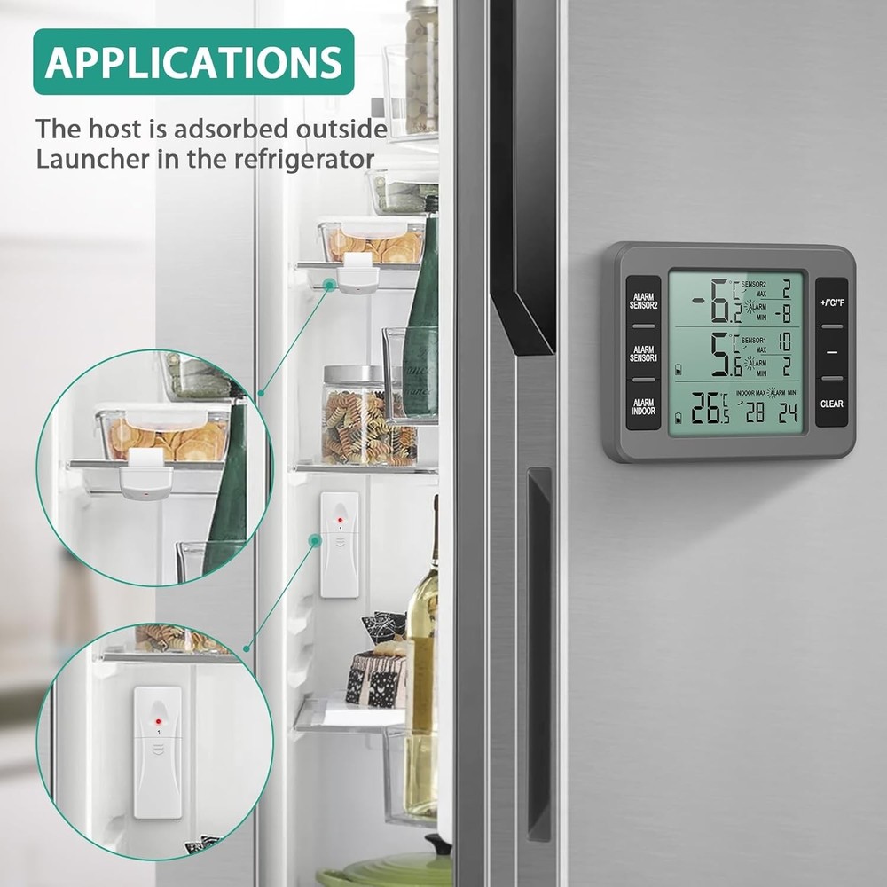 ORIA Refrigerator Thermometer, (New Version) Wireless Digital Freezer Grey