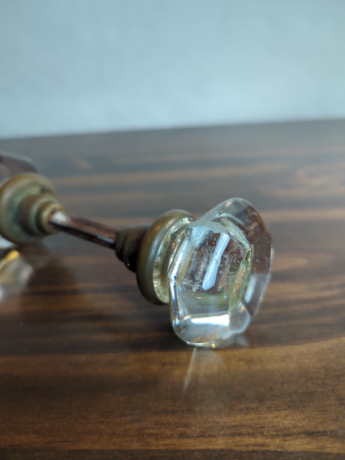 8 Point Crystal Glass Door Knob Set W/ Brass Hardware Spindle Art Deco Antique