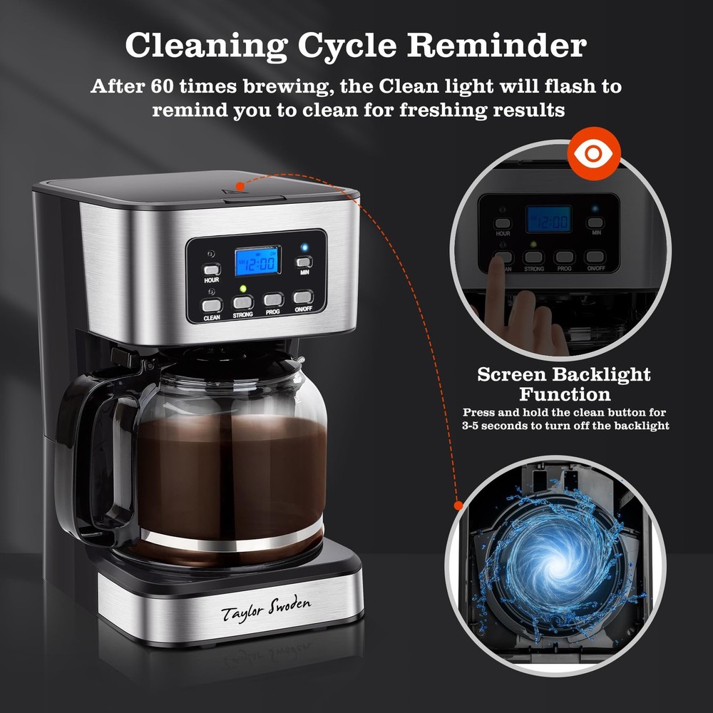 Taylor Swoden 12-Cup Programmable Coffee Maker, Regular & Strong Brew Black