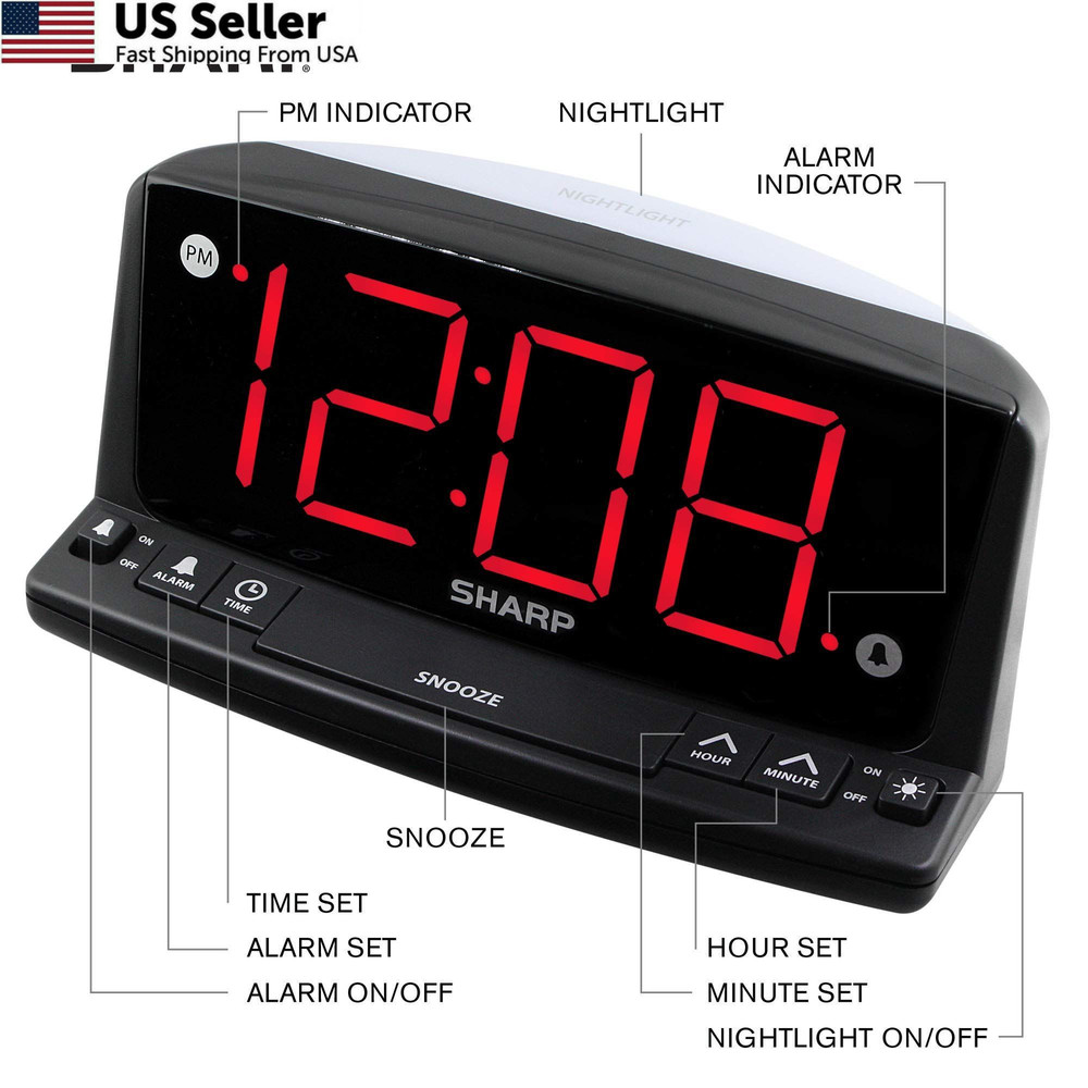 Sharp LED Digital Alarm Clock – Simple Operation - Large, Black - Red Led