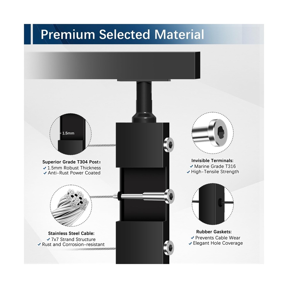 Cable Railing System - 4Pack Adjustable Line Post Kit with 160ft Cable, 10 Te...