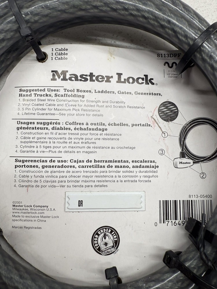 Master Lock 5 Ft Keyed Cable Lock, Contractor Grade, 8113DPF, NeW