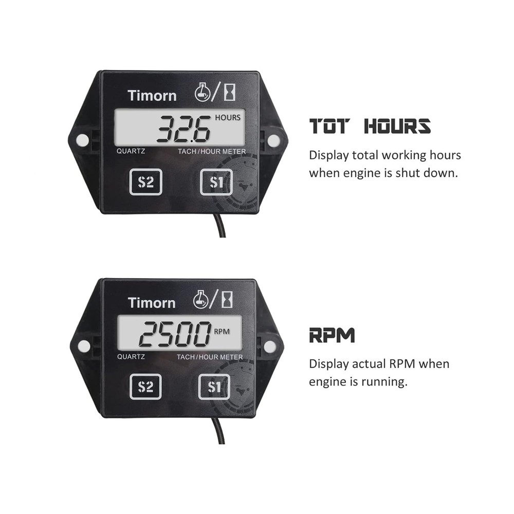 Small Engine Tachometer Hour Meter: Digital Inductive RPM Gauge Tiny Tach HR ...