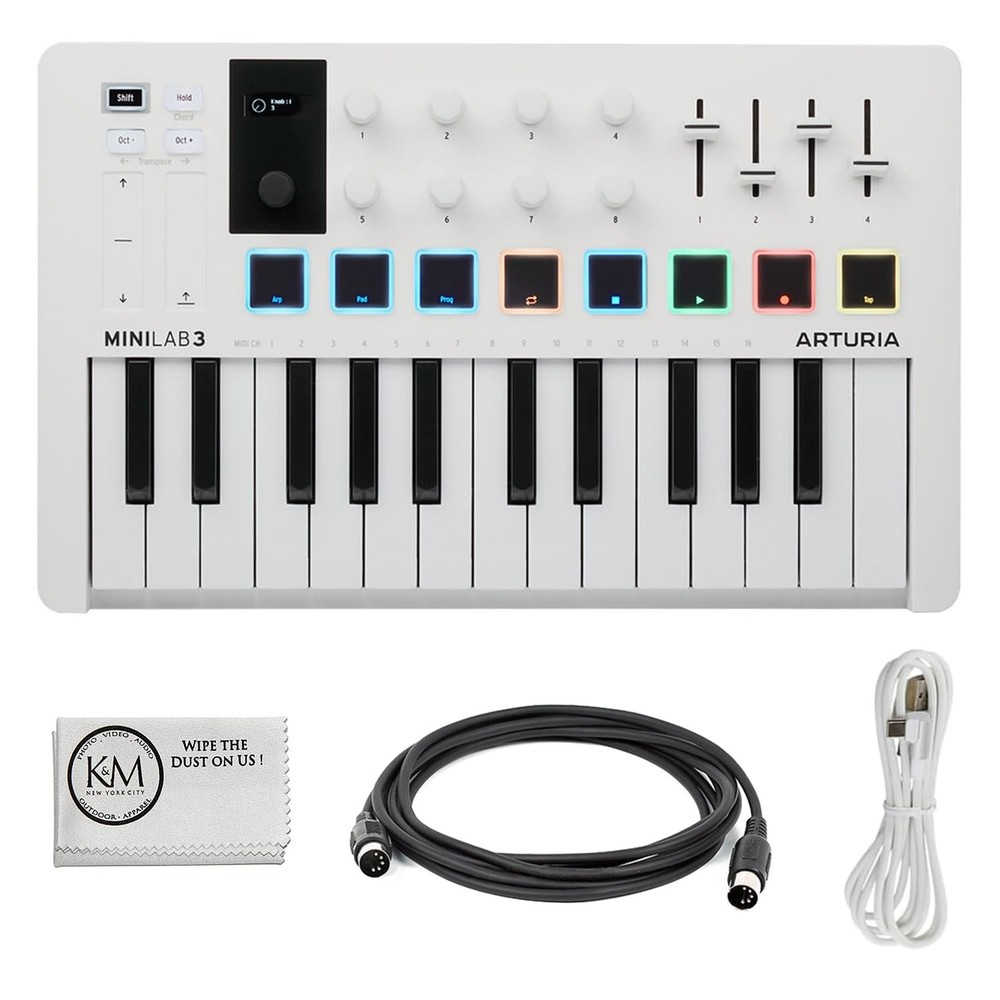 MiniLab 3 Compact MIDI Keyboard and Pad Controller | White Bundle with 6ft MIDI