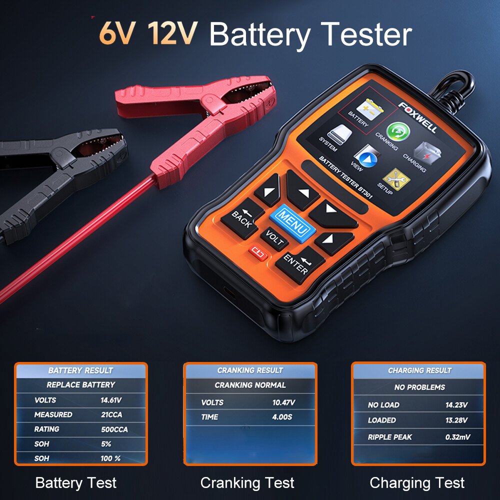 FOXWELL BT301 Battery Tester Load Drop Charging System Checker Analyzer Tool 12V