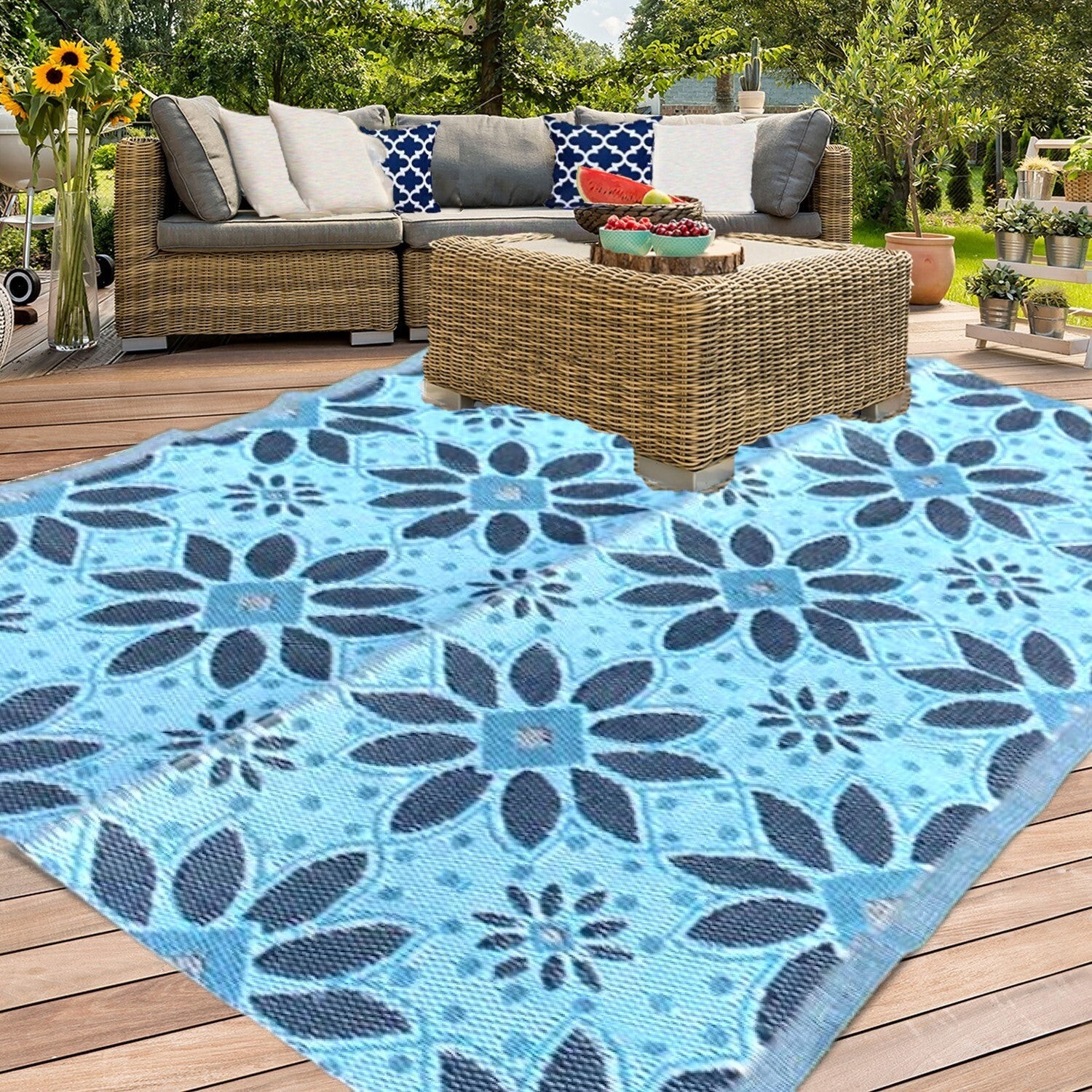 Outdoor rugs Plastic straw patio rugs 5x7 ft. Blue, Black, Grey Used For Display
