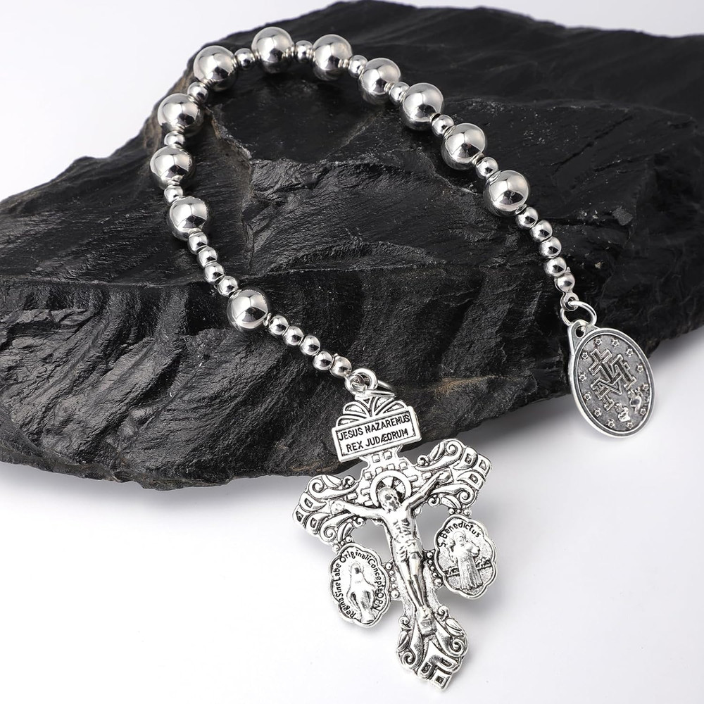 One Decade Pocket Rosary,Silver Small Rugged Rosary Beads for Men Catholic Gift,