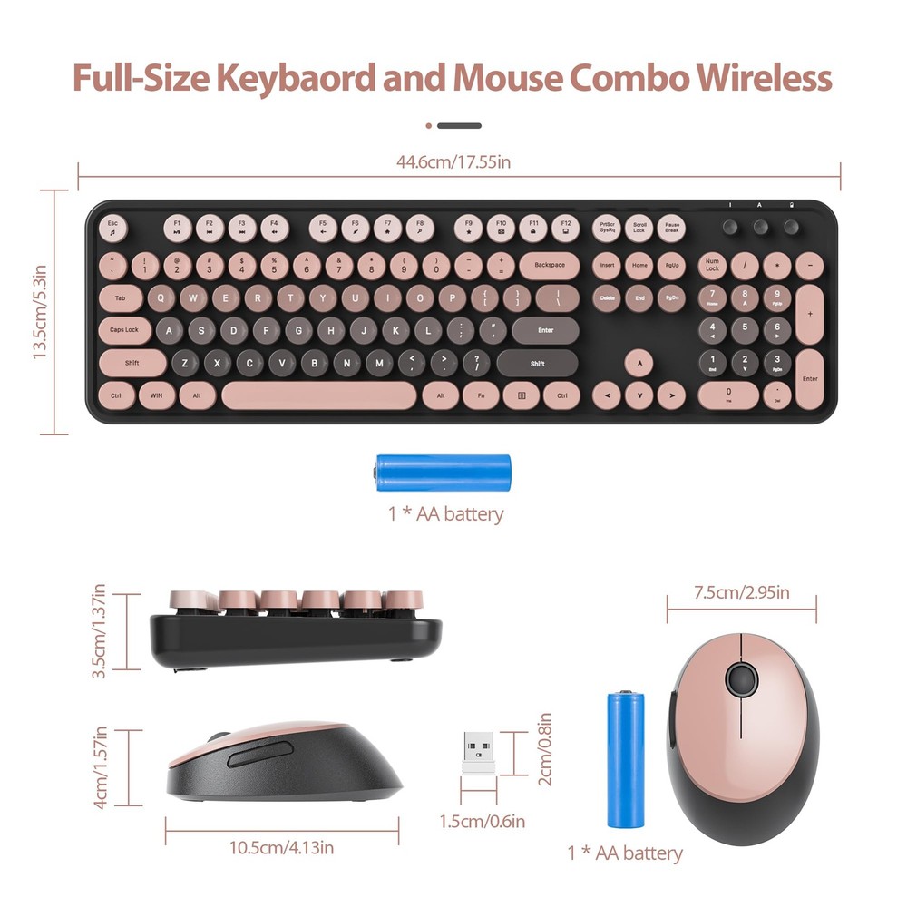 Pink Wireless Keyboard Mouse Combo Full Size Typewriter Number Pad Cute