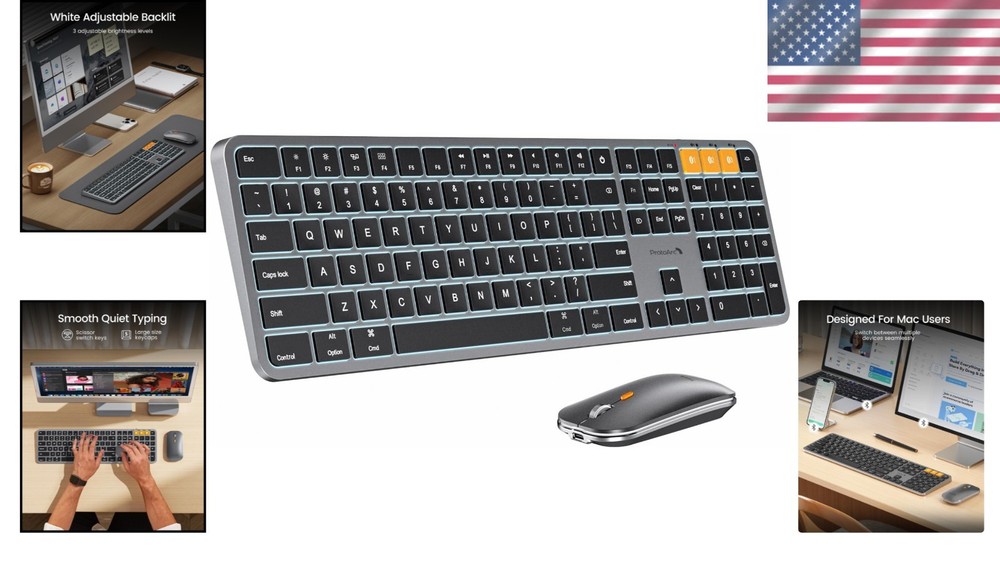 Quiet Typing Backlit Bluetooth Keyboard & Mouse for MacBook Pro/Air, Space Gray