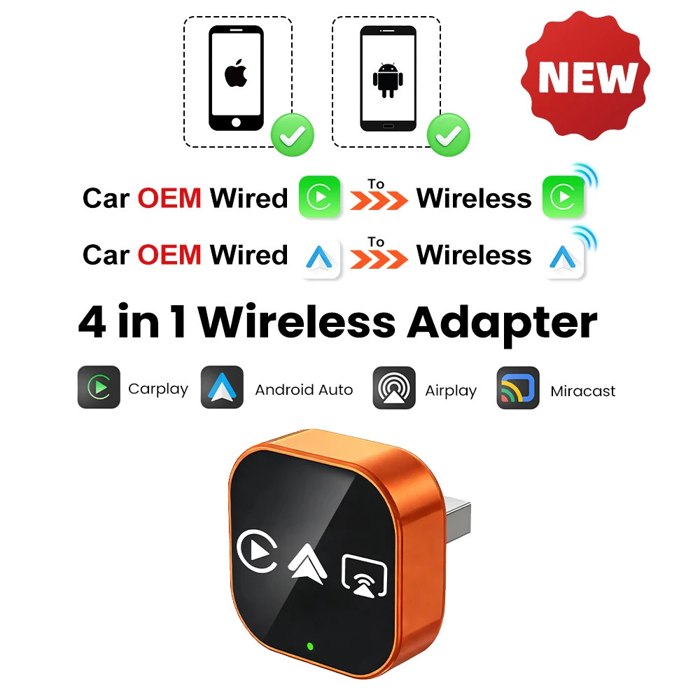 Carplay Adapter 4in1, Wireless Android Auto Mirror Link Smart Mini AI USB Box