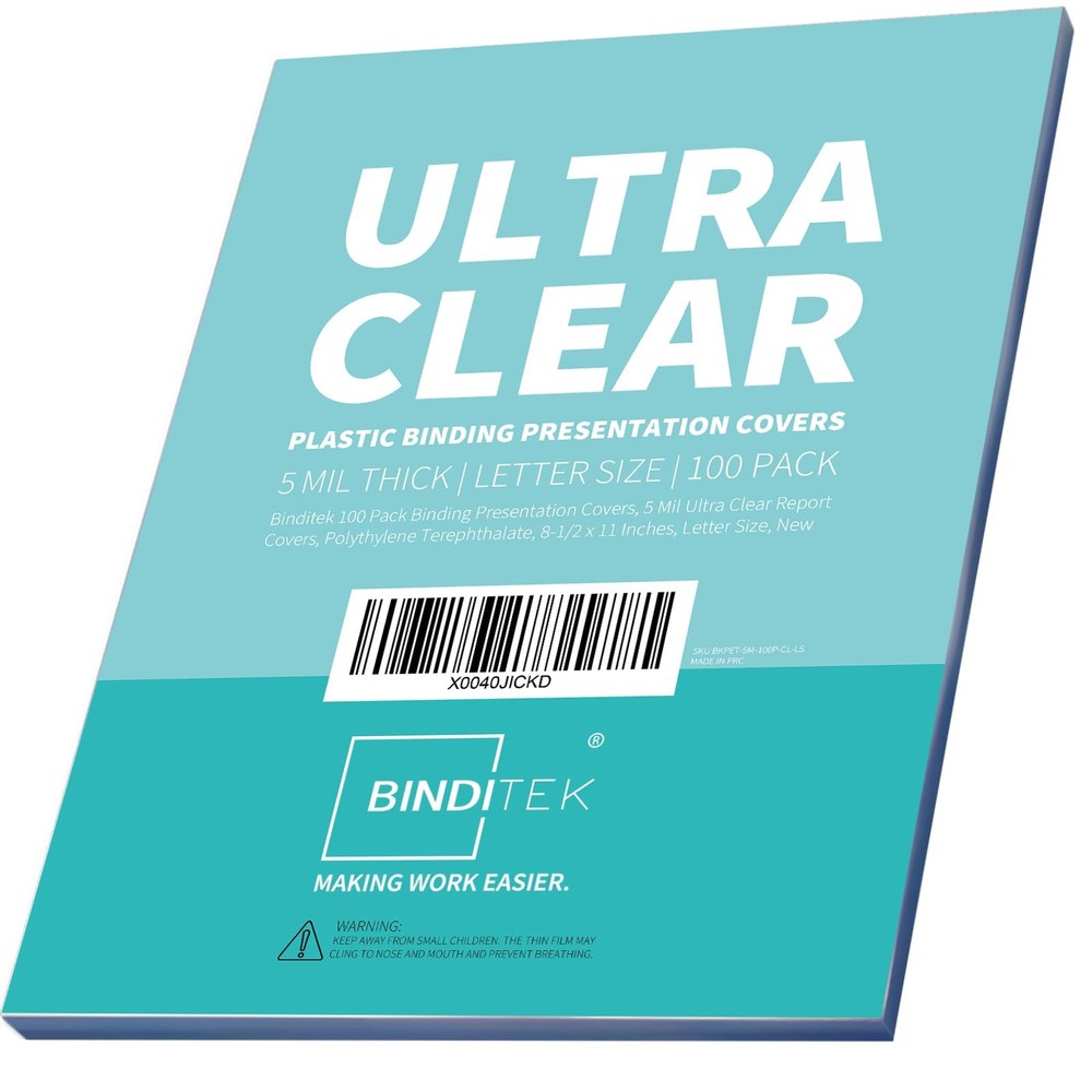 Binditek 100 Pack 5 Mil Clear Binding Covers, Ultra Clear, 5 Mil, Transparent