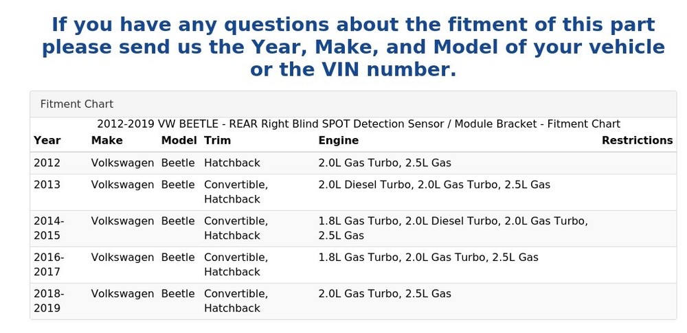 2012-2019 VW BEETLE - REAR Right Blind SPOT Detection Sensor / Module Bracket