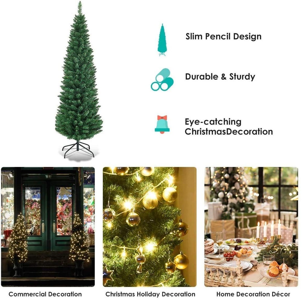 Giantex, Green Artificial Pencil Christmas, Hinged Pine Tree with Solid Metal Le