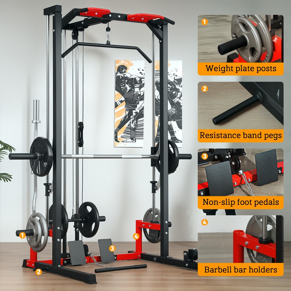 Smith Machine Power Squat Rack with Pull Up Barbell Bar Lat Pull Down System