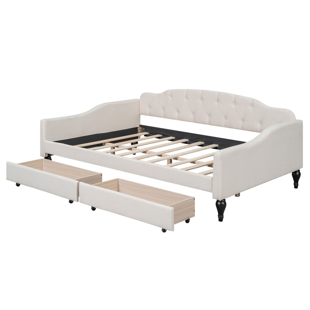Full Size Daybed Upholstered Bed Frame Sofa Bed with 2 Storage Drawer Beige