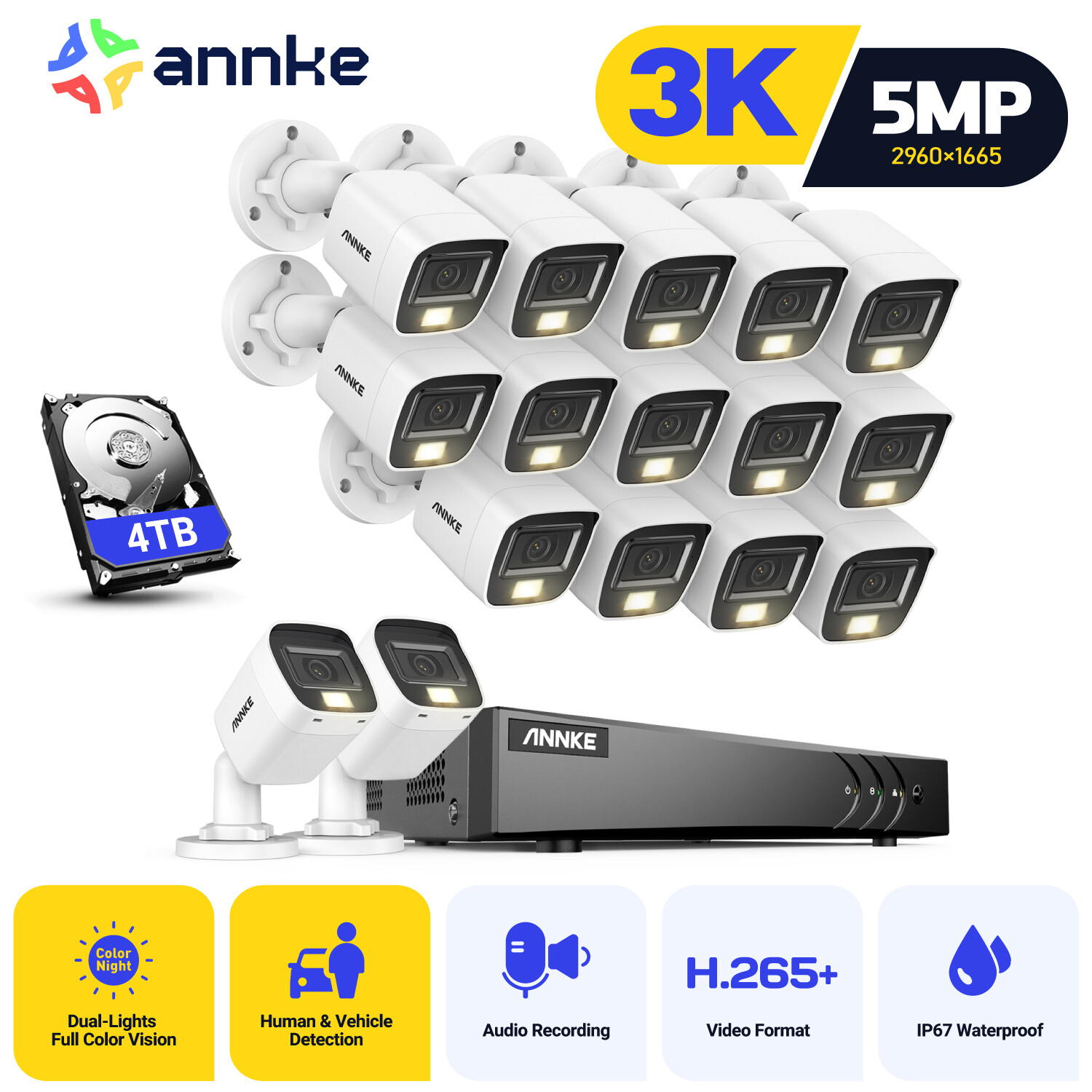 ANNKE 8CH 16CH DVR 5MP Audio Security Camera System Outdoor Color Night Vision