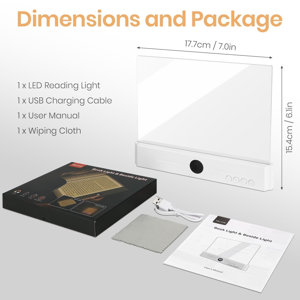 Smart Flat Book Light Rechargeable LED Reading 3 Colors Timer Panel White