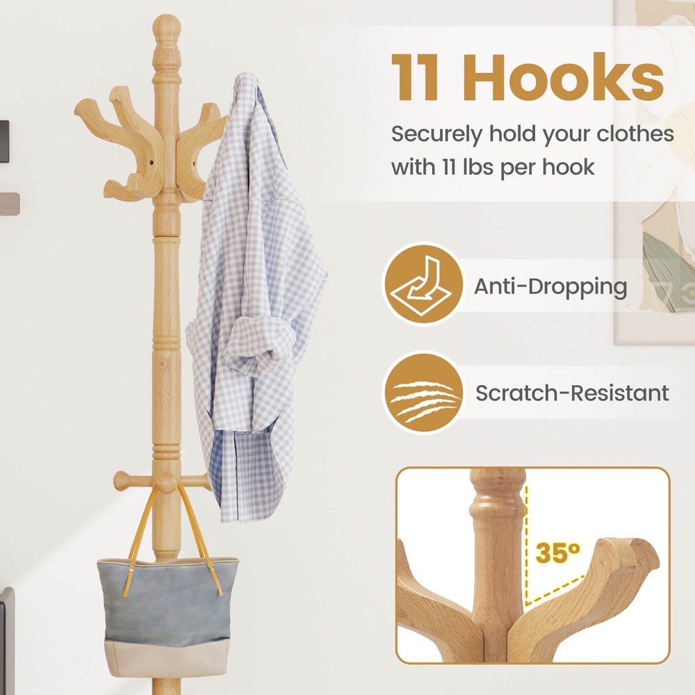 Solid Rubber Wood Coat Rack with 3 Adjustable Heights and 11 Hooks for Hallway