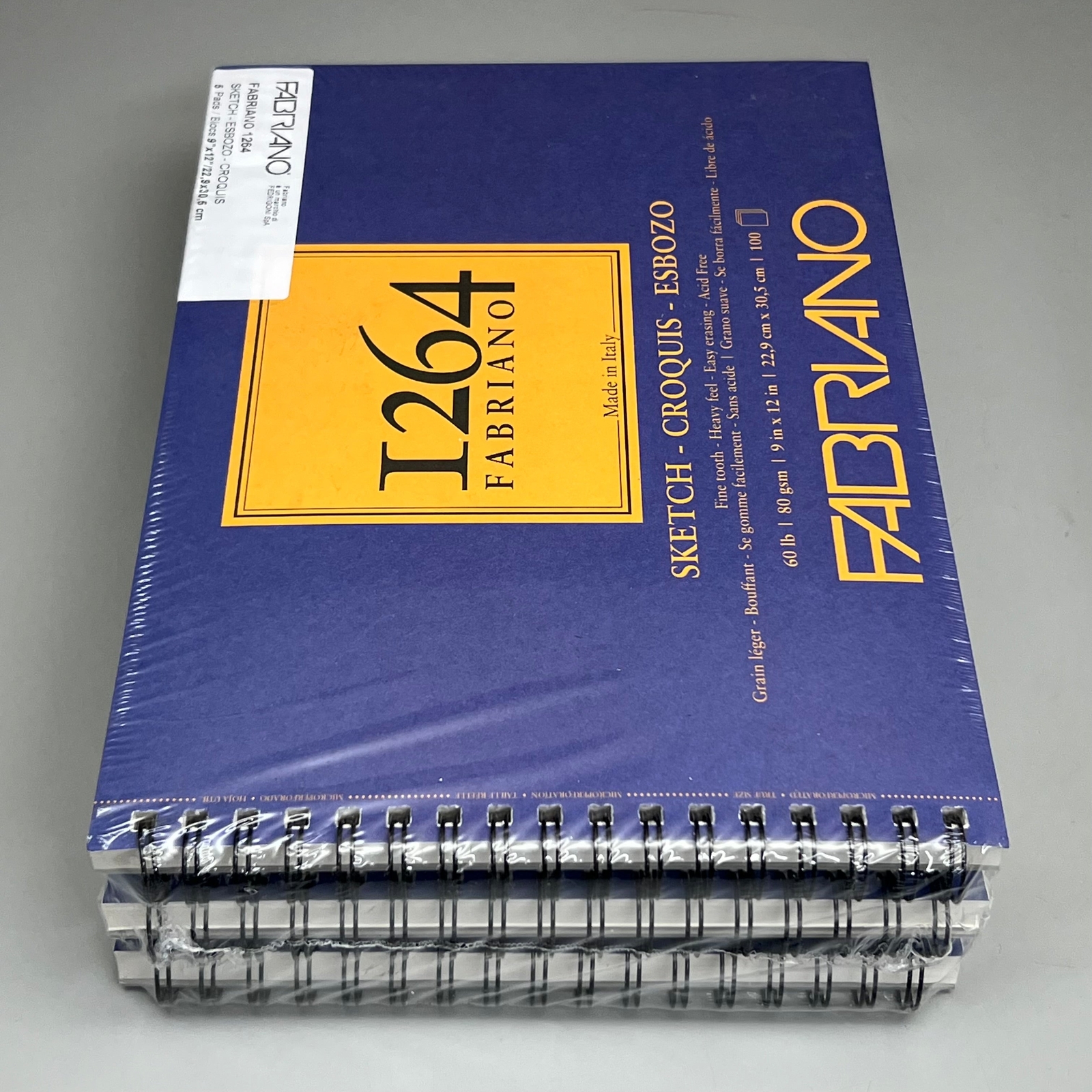 FABRIANO (5 PACK) I264 Sketch Paper Pads 9" x 12" ITALY 100 Sheets (500 TOTAL) W
