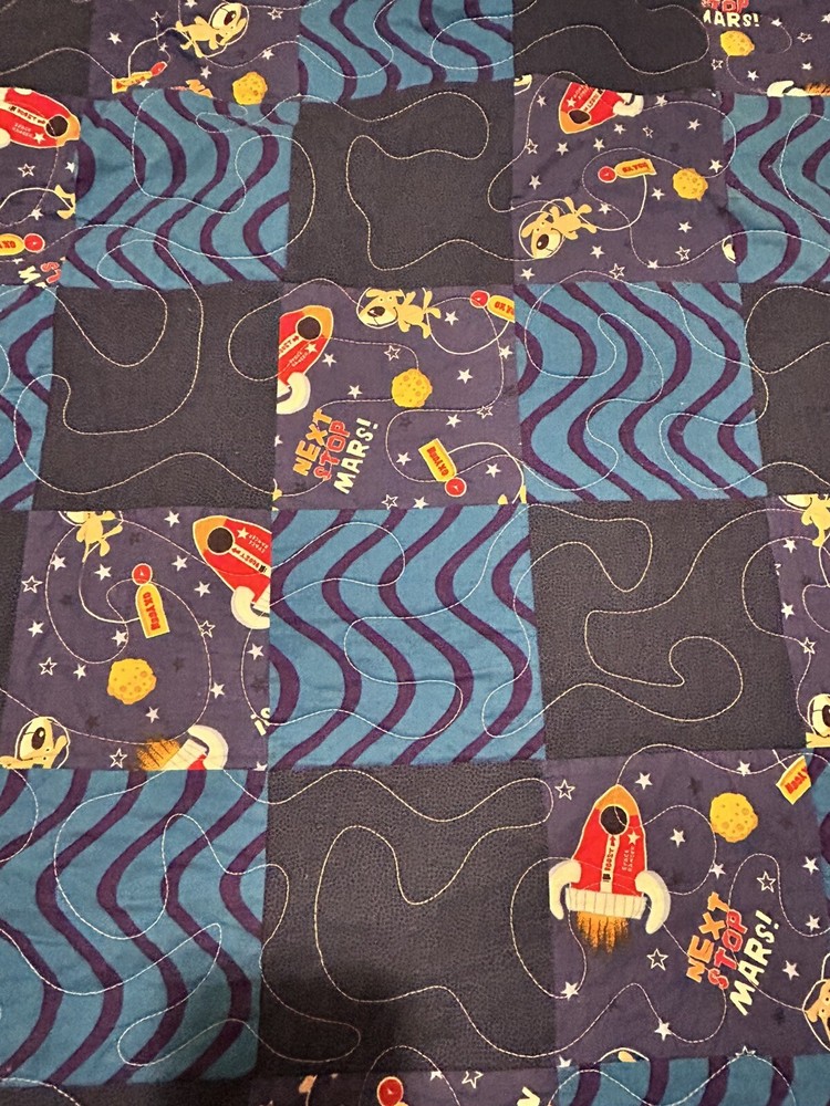 Handmade Patchwork Quilt Throw 47”x36” blue with space/rocket ships