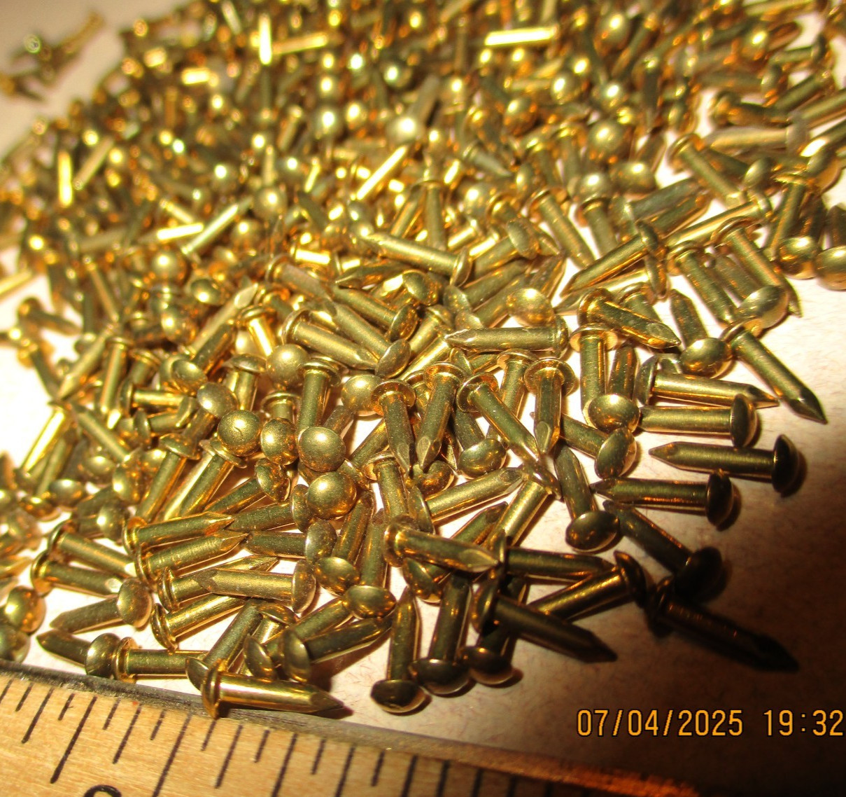150--VINTAGE 1/4" X #17, SOLID BRASS BRAD NAILS, ROUND DOME HEAD ESCUTCHEON PINS
