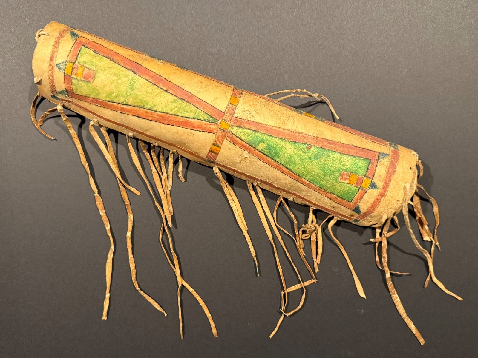 19TH C PLAINS PAINTED PARFLECHE CYLINDER CASE WITH FRINGE, EXCELLENT, NR!