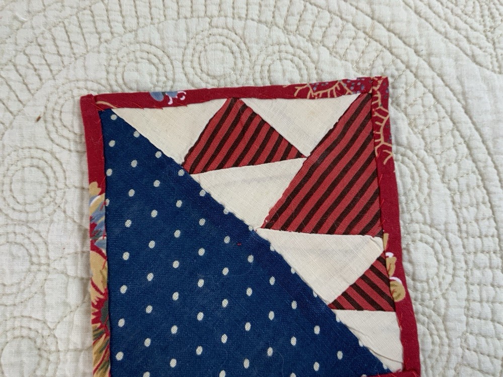 Vintage Patchwork Quilt Small Table Topper, Triangles, Red, White, Navy Blue