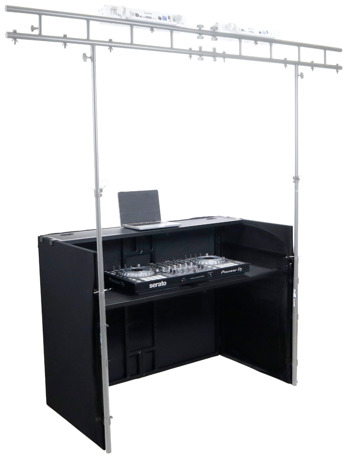 ProX XF-MESA MEDIA Portable DJ Facade Table Station with TV Mount, Scrims & Bag